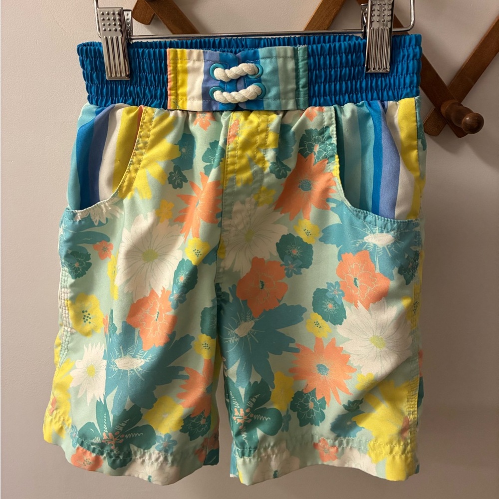 Matilda Jane Floral Kids Swim Trunks with Blue and Yellow Accents Size 4